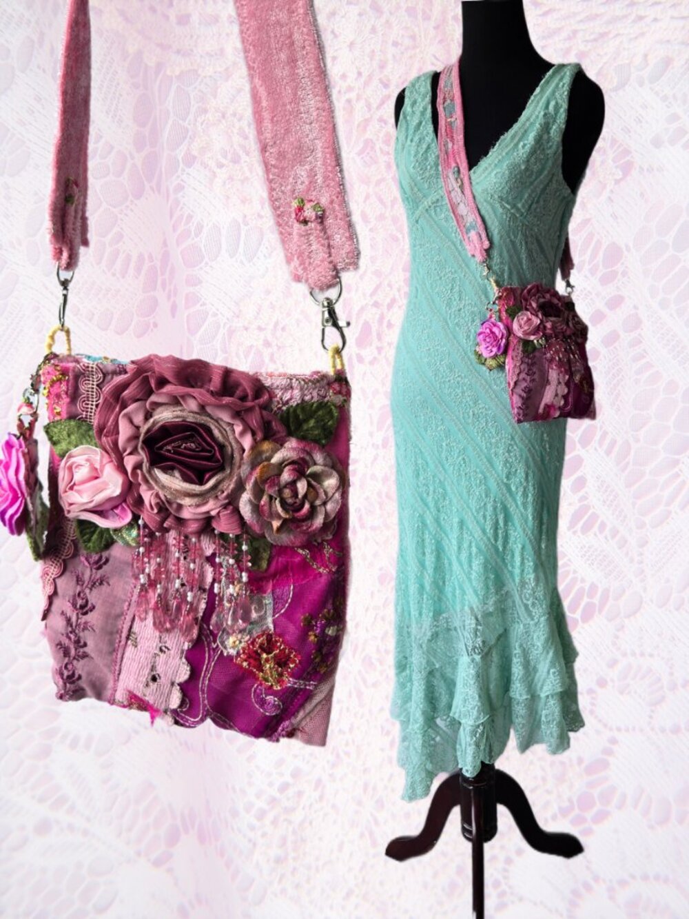 Handmade Rose Embroidered Bag Fairycore Cross Body Art to Wear Bag Romantic